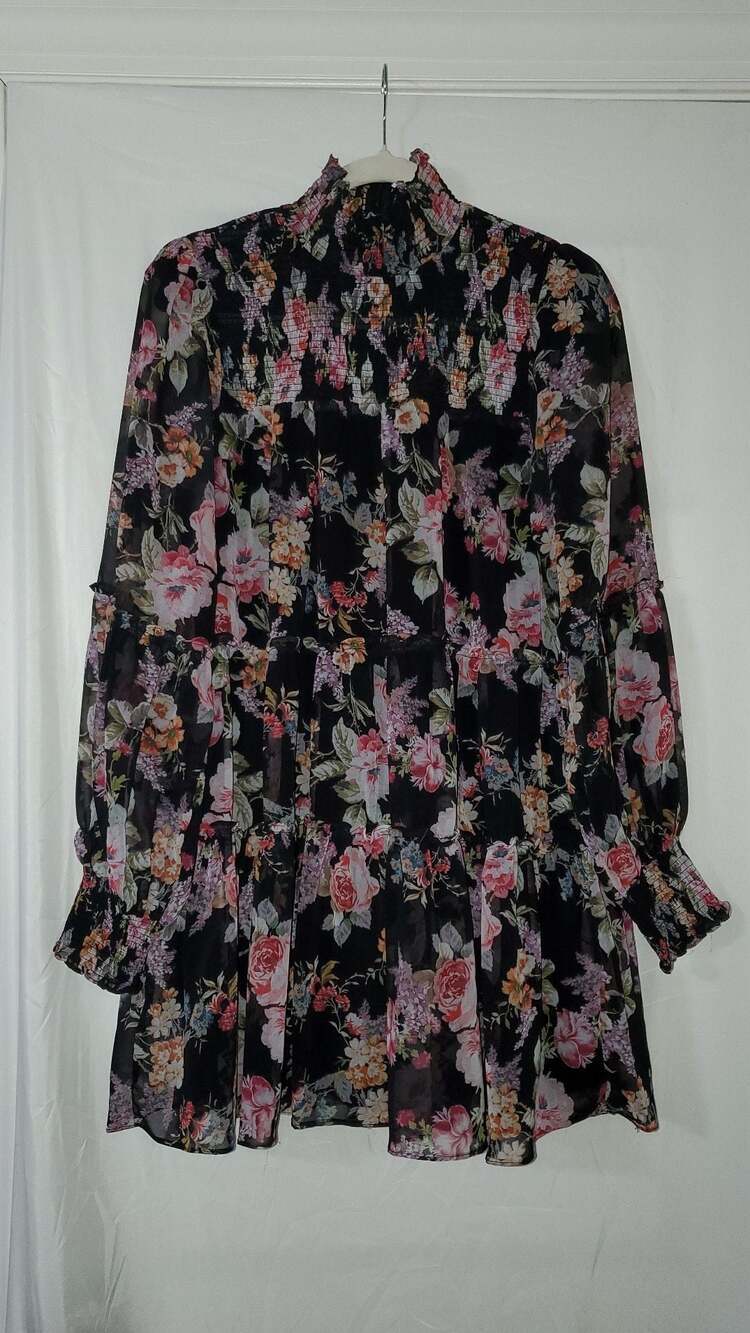 South by Olivaceous Black Floral Smocked Mock Neck Tiered Mini Dress Size S
